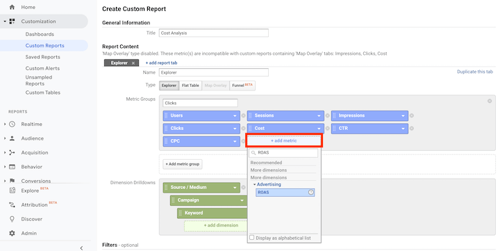 customized cost analysis report creation in google analytics