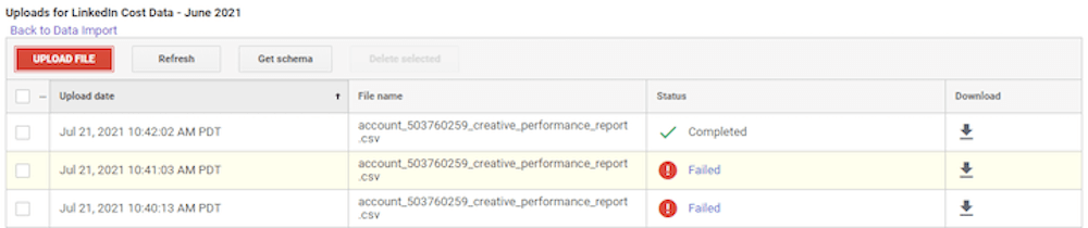 how to import cost data into google analytics—import status