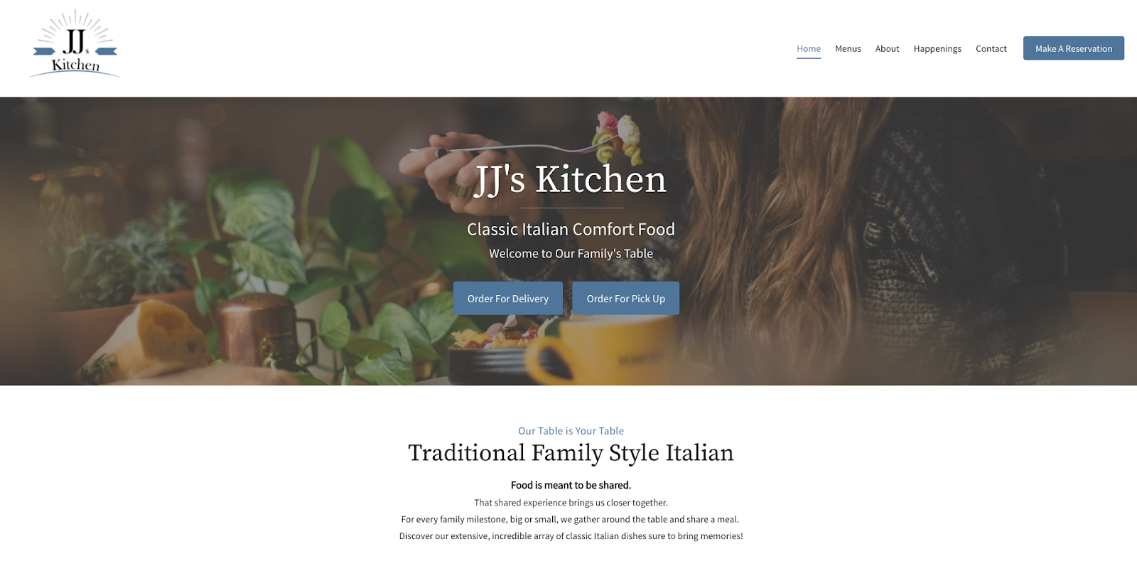 screenshot of JJs Kitchen website which uses website design principle - color theory
