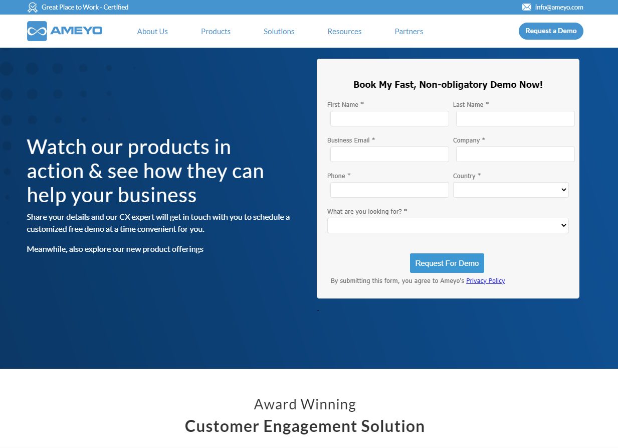 Screenshot of Ameyos landing page