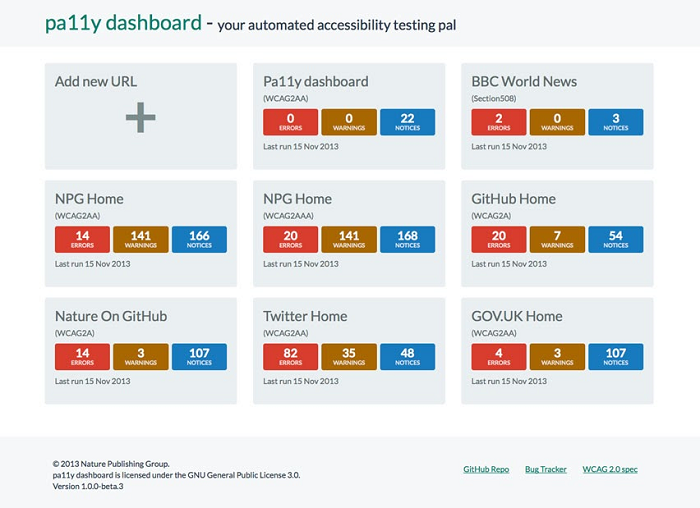 Results on the Pa11y dashboard for multiple web pages