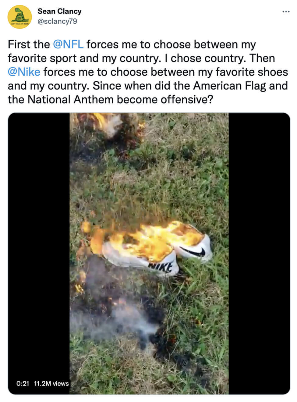 screenshot sean clancy on twitter disagrees on nfl and nike stance