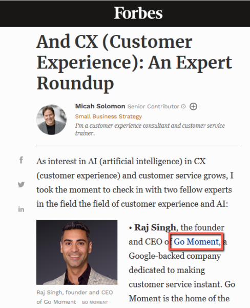 how customer service company GoMoment earned a backlink through an expert roundup