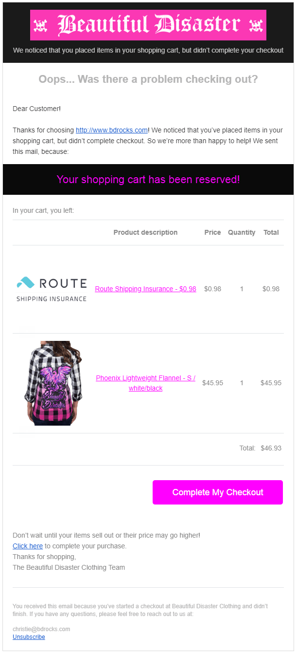 Cart Abandonment Email CTA Example