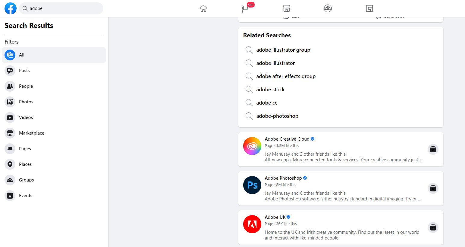 Facebook Page search results