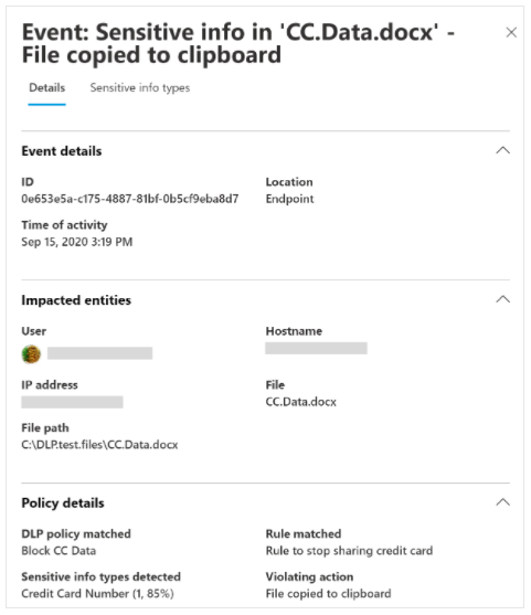 Event details in the Microsoft DLP alert dashboard.