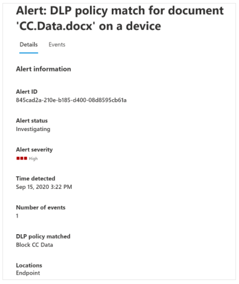 A Microsfot DLP alert screen for a policy match.