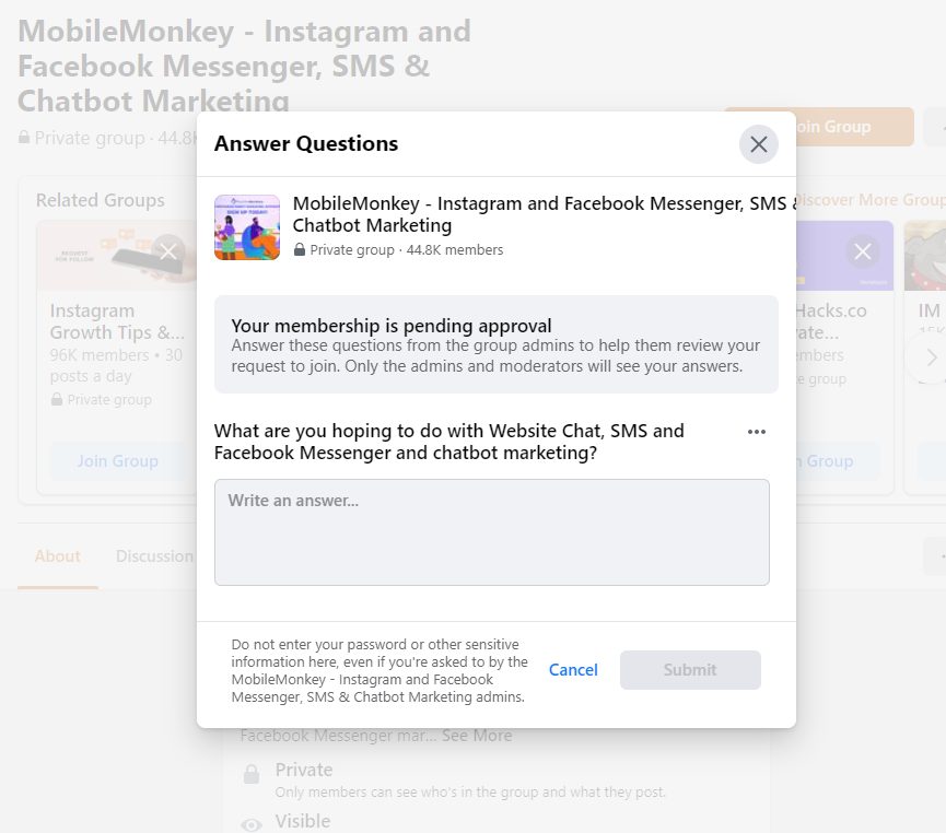 MobileMonkey Facebook group survey quesitons