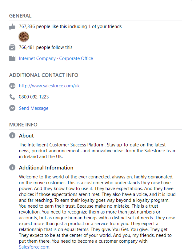 Salesforce Facebook page about information