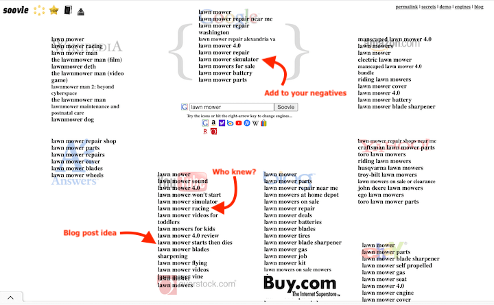 best free keyword research tools: soovle results example