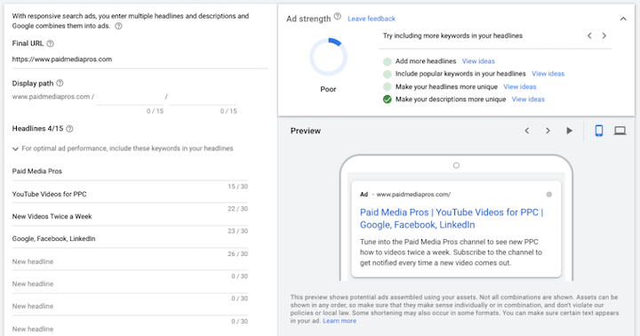 responsive search ad creation screen