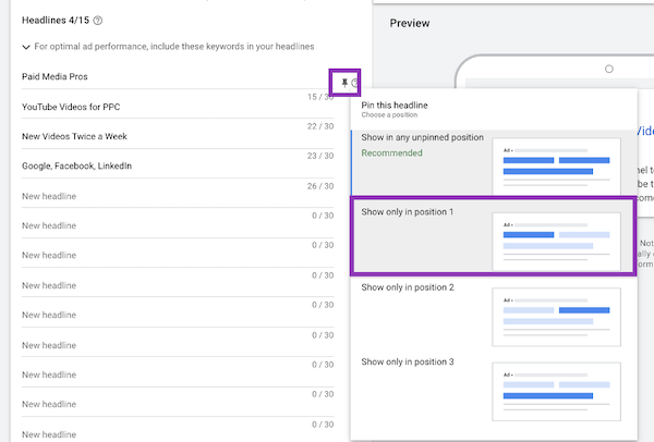 responsive search ad position pinning
