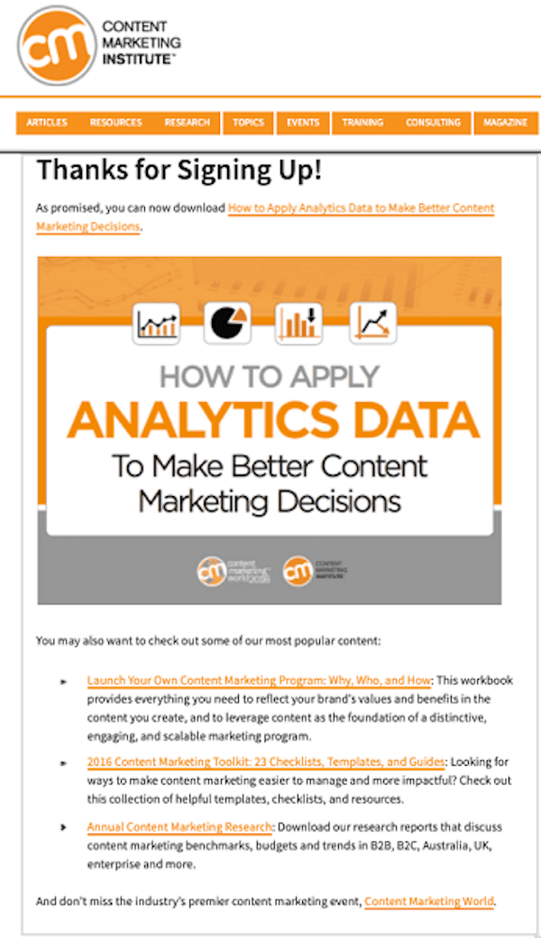 content marketing institute thank you page example