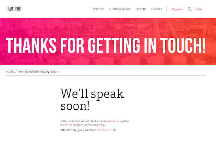 thank you page examples: team lewiss clear confirmation thank you page 