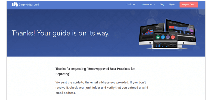 thank you page examples: simplymeasured guide download