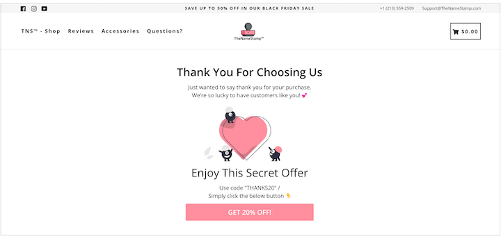 thank you page examples: the name stamps clear secondary offer