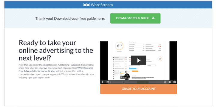 thank you page examples: wordstreams clear CTAs