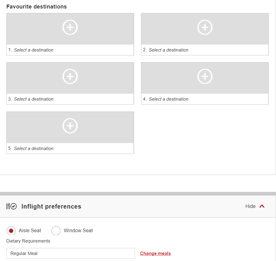 Emirates membership page asking people about their flight preferences.