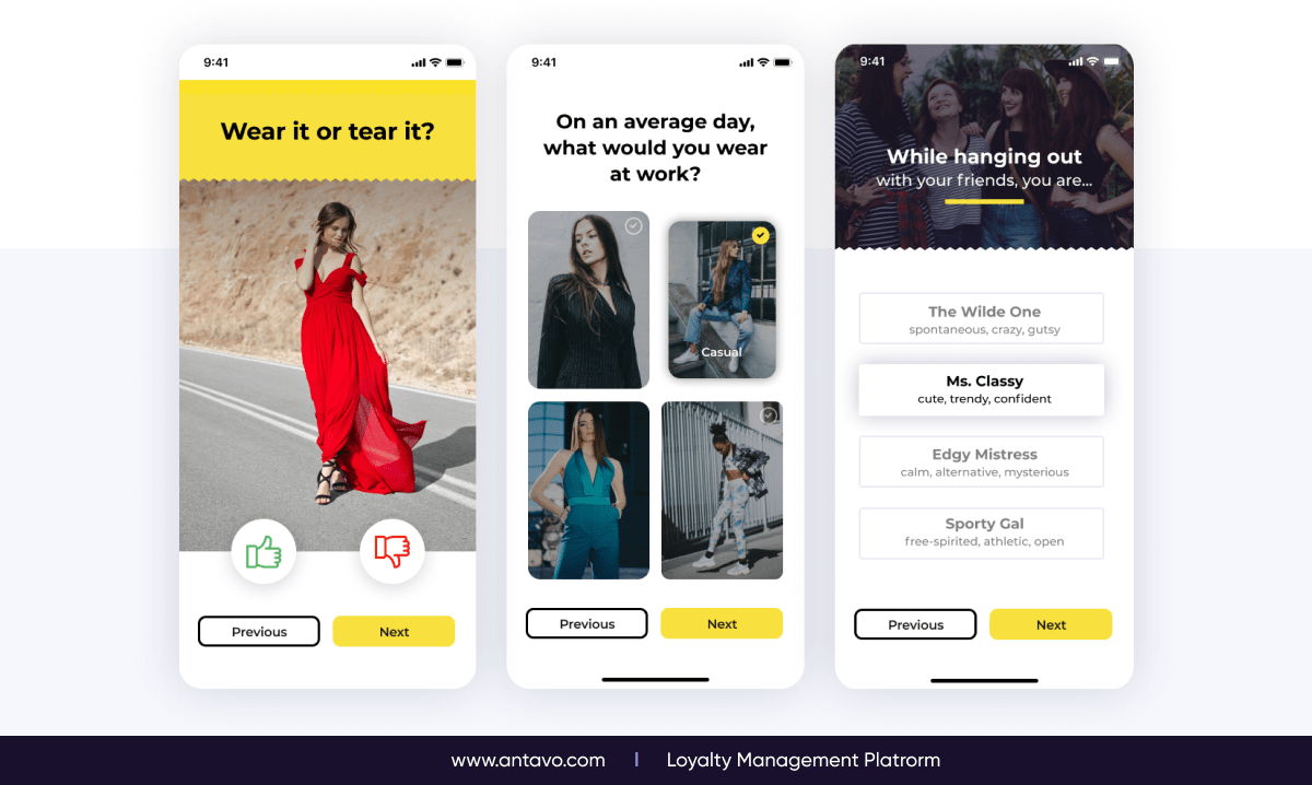 Three quiz-like gamified survey questions asking people to share their preferences.