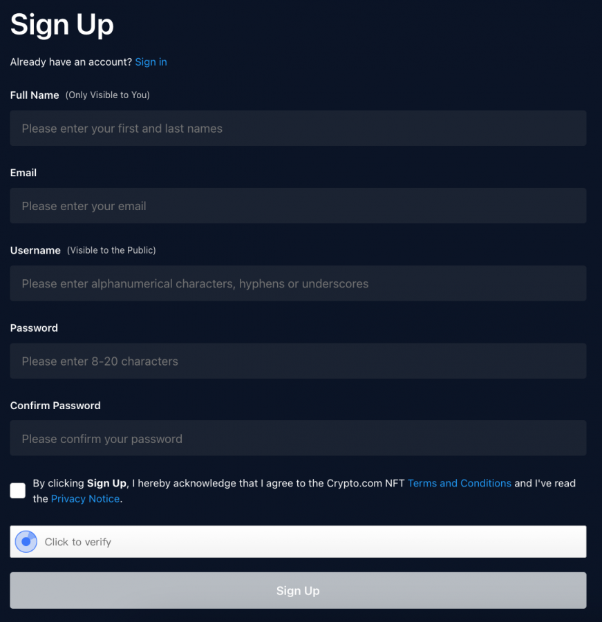 crypto.com NFT marketplace sign-up