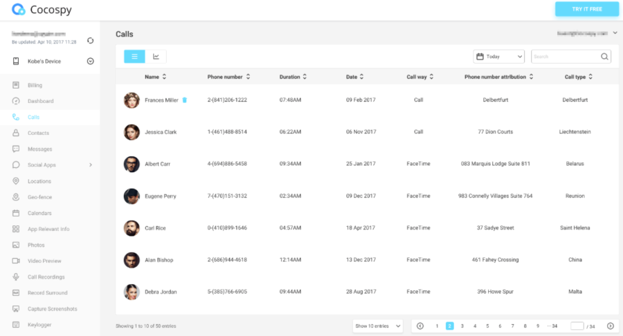 Cocospy's interface | A leading Facebook spy app