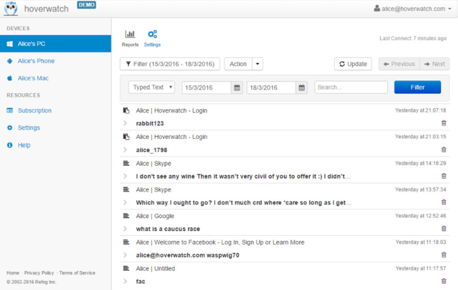 Hoverwatch's Facebook spy app dashboard
