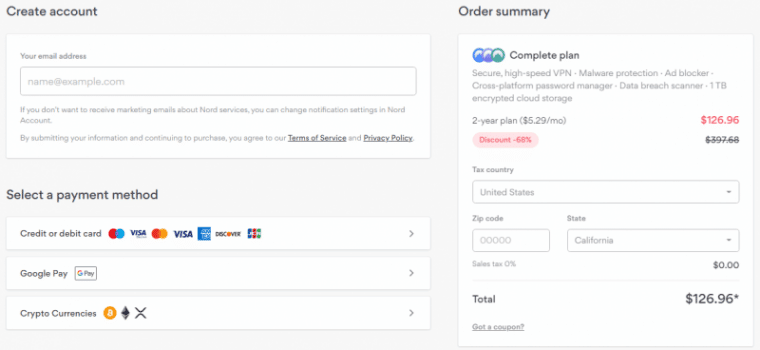 NordVPN checkout process