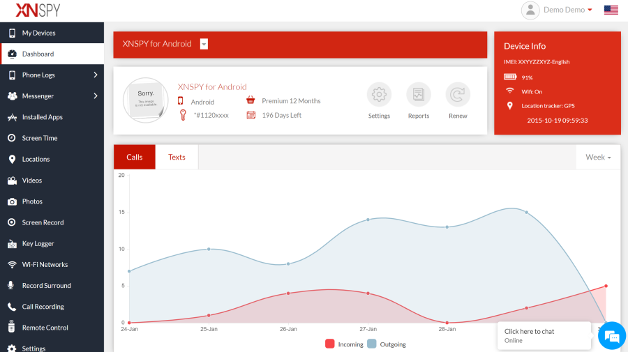 XNSpy Facebook spy app dashboard