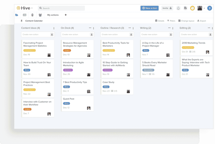 Hive offers an intuitive Kanban view for marketing teams