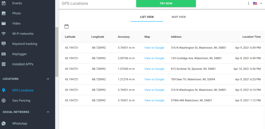 mSpy Facebook mobile tracking dashboard