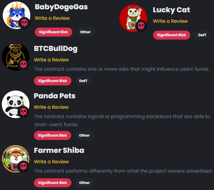 Binance Scam Crypto List Red Alarm DappBay BabyDogeGas BTCBullDog