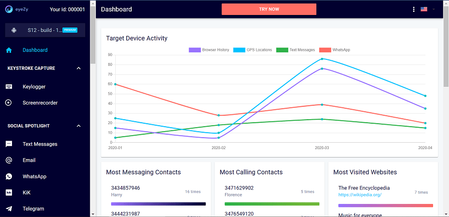 Eyezy Employee Monitoring Software dashboard