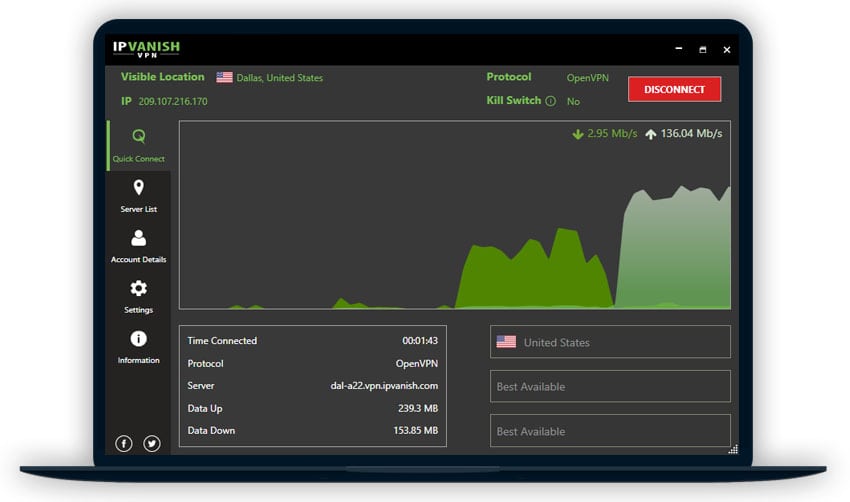IPVanish server dashboard | Best Reddit suggestion for businesses