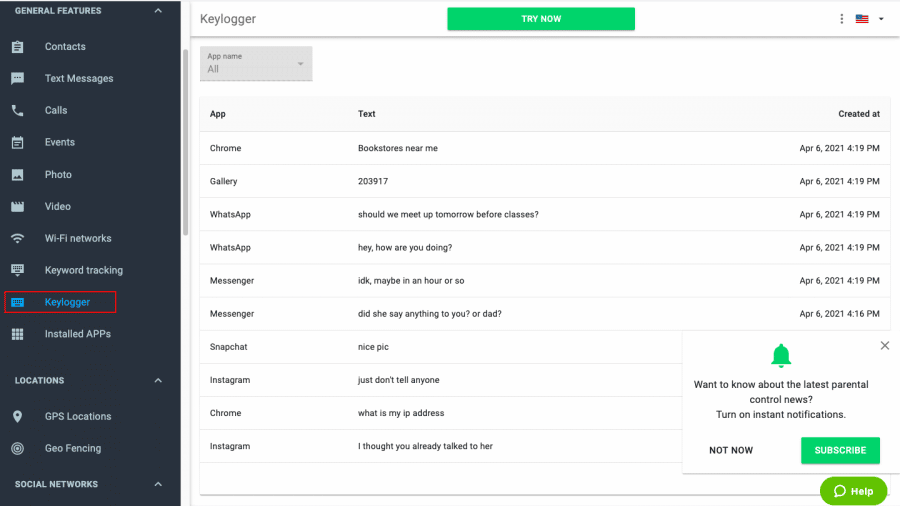 mSpy's keylogger dashboard