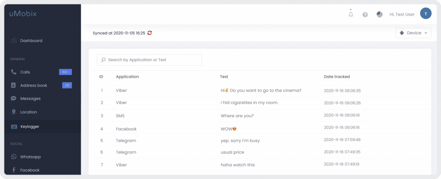 uMobix's keylogging dashboard