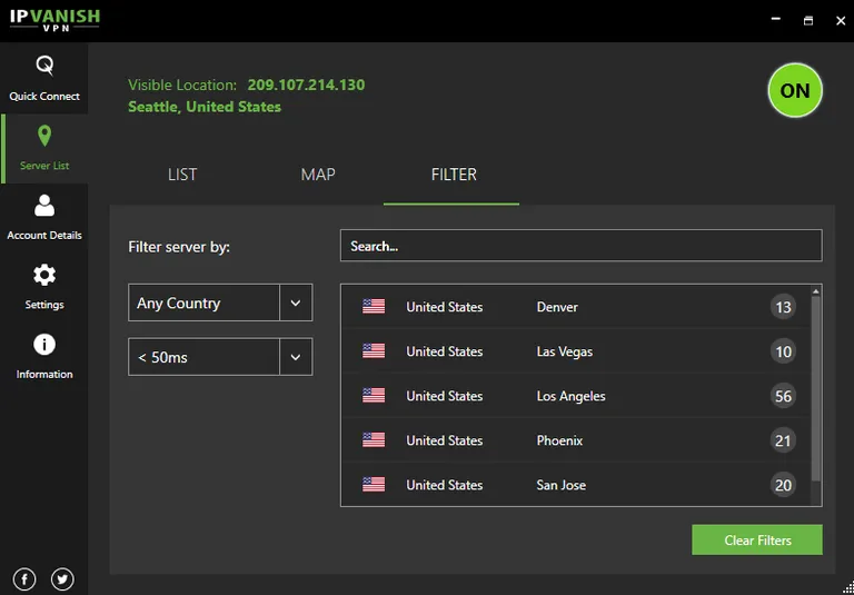 IPVanish Streaming VPN Interface