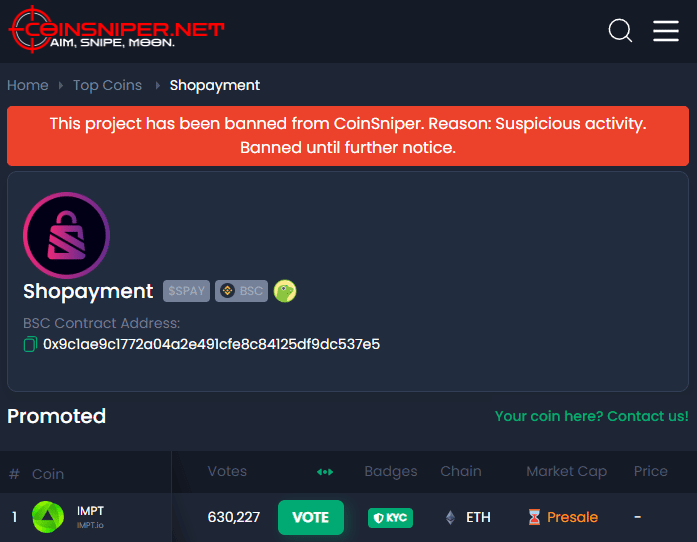 Shopayment token SPAY coinsniper scam warning
