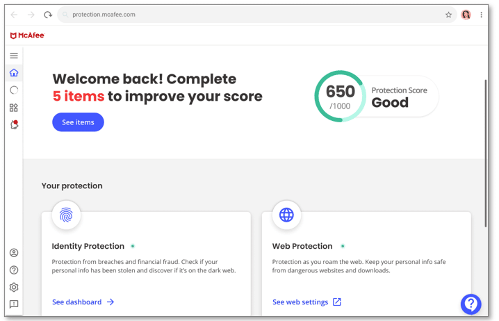 McAfee dashboard for spyware removal
