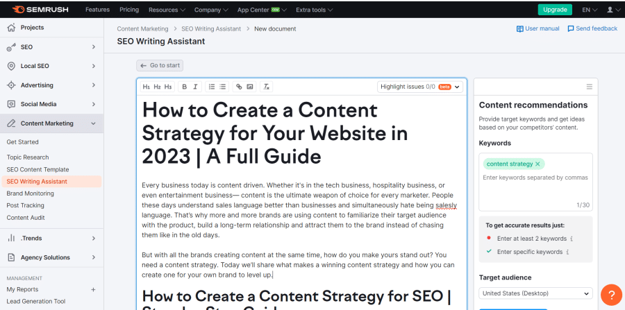 Semrush SEO writing assistant