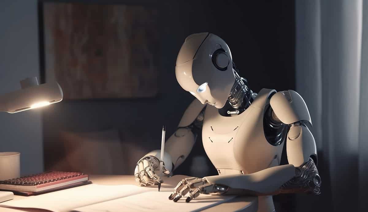 ChatGPT Checker: AI android robot writing text in book. Generative AI