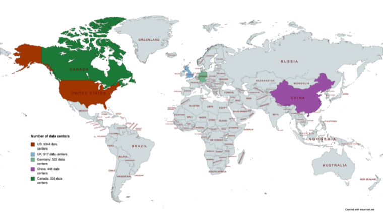 Map of countries with the most data centers