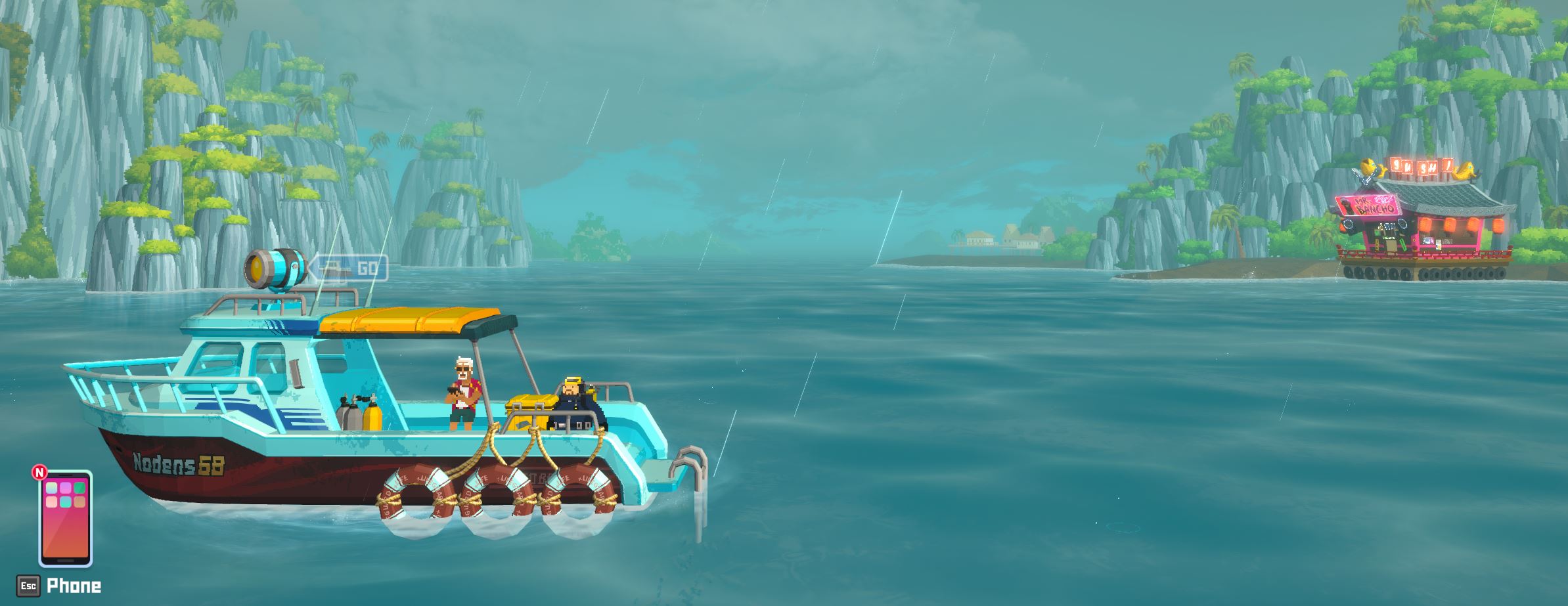 pixel art boat on blue water
