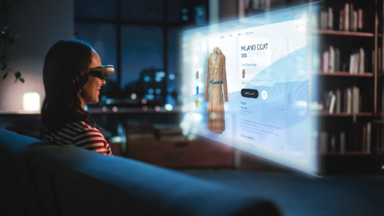 How to monetize Instagram: Young Woman Using Virtual Reality Headset At Home, Sitting on a Couch, Shopping Online via VR Clothing Store. Evening Resting at Apartment, Choosing New Look