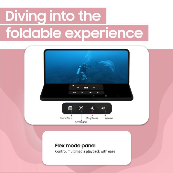 An ad of the new foldable Samsung smartphone. The smartphone is pictured against a pink background. 