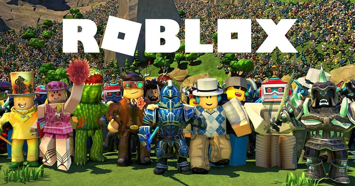 roblox logo above roblox characters