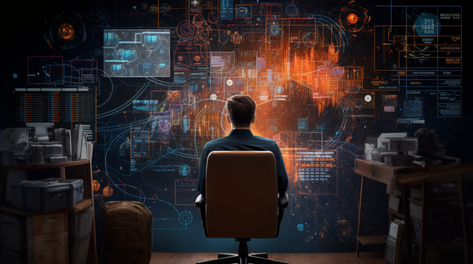 back of man working in a chair with statistics symbols around him