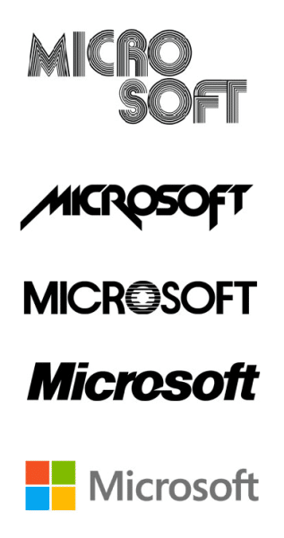 Microsoft logos from 1975, 1980, 1982, 1987, and 2012