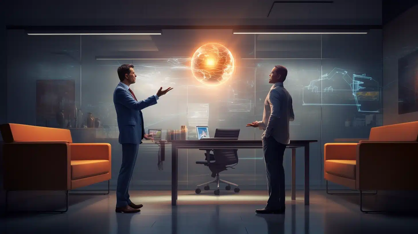 person giving pitch to another person in an office