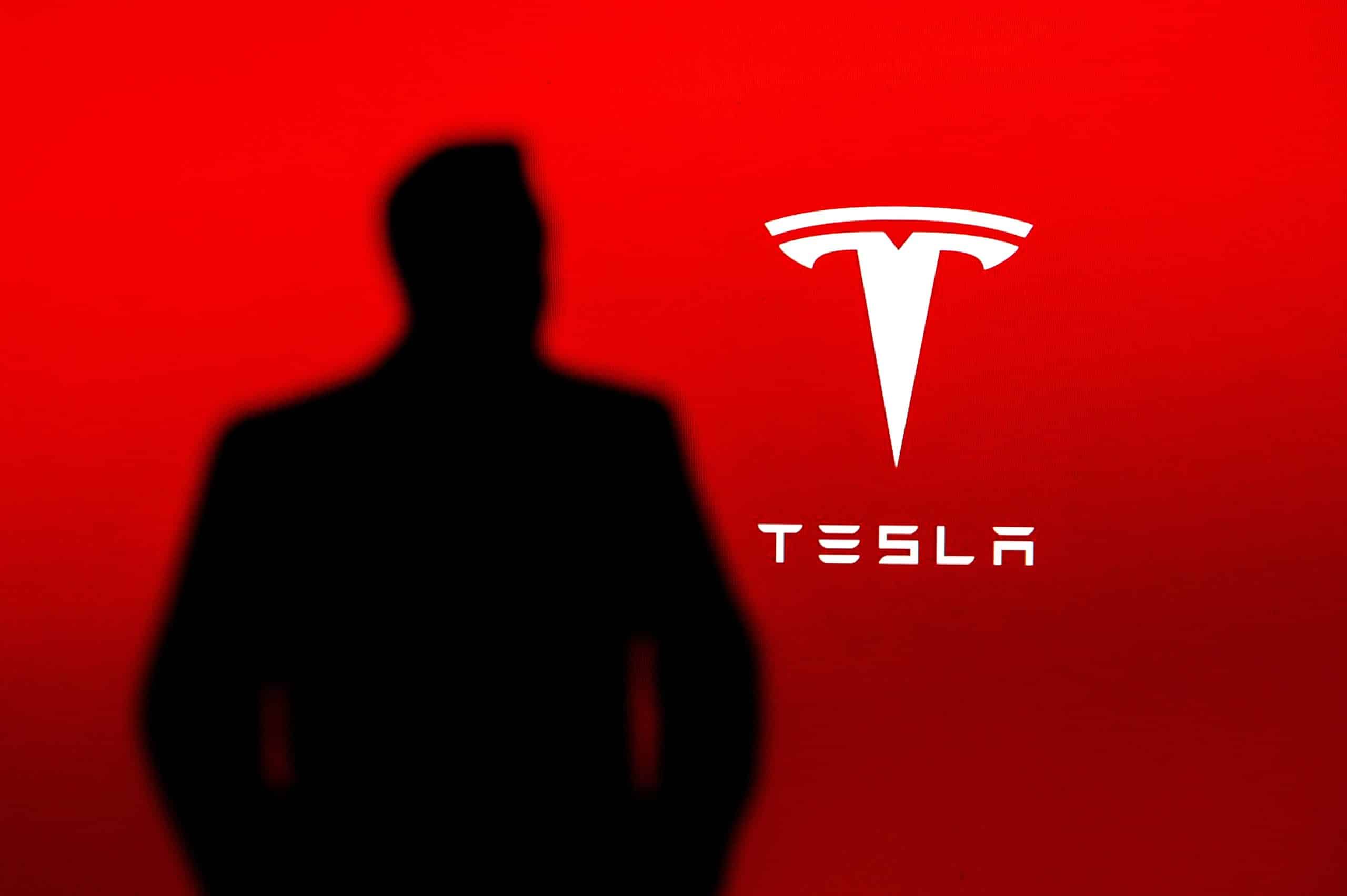 elon musk silhouette in front of tesla logo