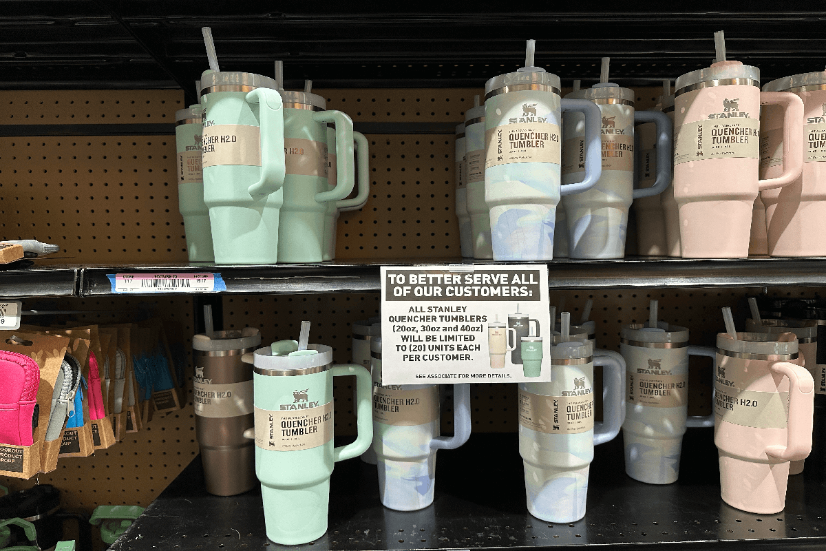 Stanley Cups on shelves in a store